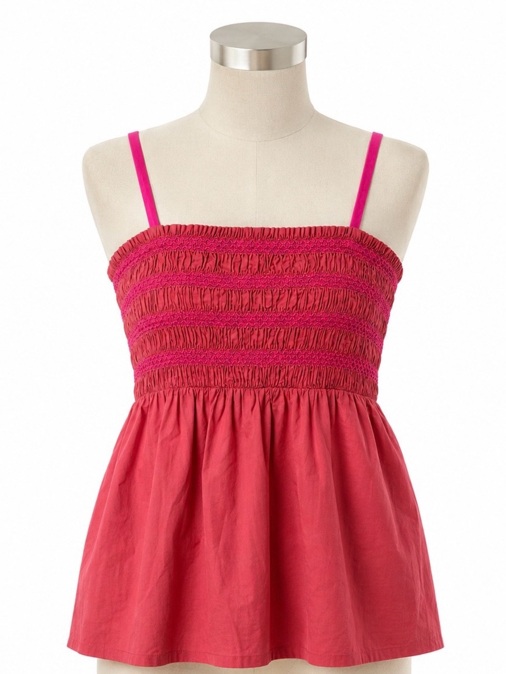 Anthropologie Anthro L Smocked Babydoll Cami Tank Top Coral Pink Boho Romantic